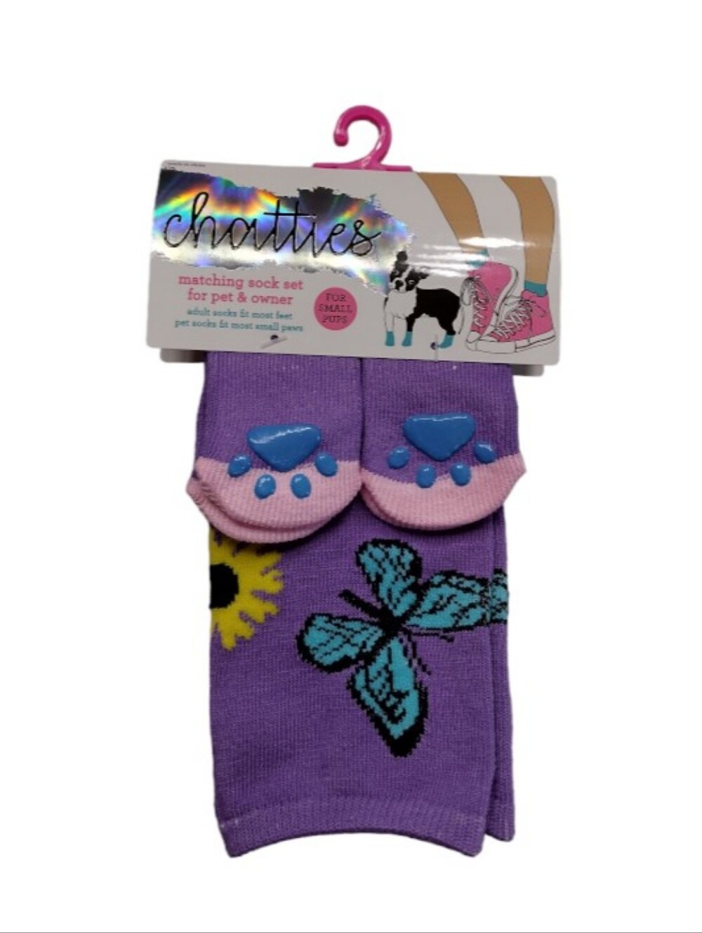 Chatties Purple Mommy And Pet Grip Socks with Blue Butterfly and Pink Paw Grips